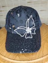 Butterfly Baseball Cap Bling Womens Hat Black Rhinestones Sequin  - £12.77 GBP