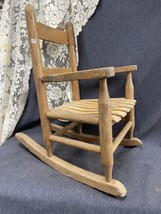 Vintage 21 inch Wooden Oak Slat Childs Dolls Rocking Chair Primitive Rustic - $44.55