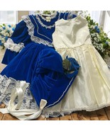 Vintage Doll Handmade Slip, Dress w/ matching hat-Lace Velvet pearls Blu... - $45.53