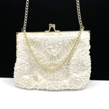 White Cream Beaded Evening Wedding VTG Purse Clutch Bag Gold Chain CIRCA 1950&#39;s - £14.46 GBP