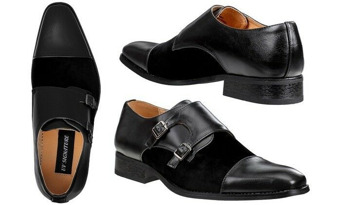 Men Black Monk Double Buckle Strap Handmade Suede Genuine Leather Shoes US 7-16
