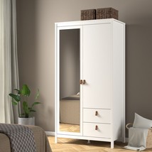 Tall Modern White Wardrobe With Hanging Clothes Rail Mirror 2 Drawers &amp; Shelves - £592.67 GBP