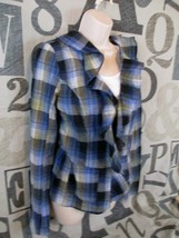 Free People Blue Plaid Ruffle Open Front Shirt Jacket Size 4 BOHO Peplum Pockets - £30.77 GBP