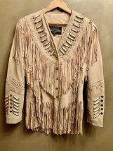 Women&#39;s Western Lambskin Beige Leather Fringe Jacket bones studs WJ110 - $149.00