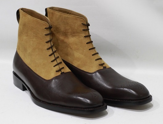 Men's New Handmade Formal Leather Boots Black Leather & Beige Suede High Ankle