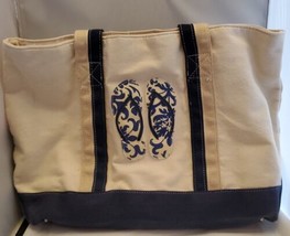 Lilac &amp; Black Canvas Blue &amp; Cream beach bag tote large Snap Close Zipper Pocket - £9.16 GBP