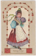 Birthday Greetings Postcard 1910 Lady Colorful Dress Germany Fort Worth TX - £2.23 GBP