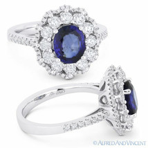 2.39 ct Oval Cut Sapphire &amp; Diamond Pave 18k White Gold Right-Hand Cocktail Ring - £6,562.41 GBP