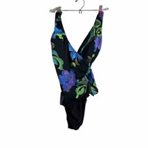 Longitude One Piece Swimsuit Size 12 Purple Floral, Surplice Front, Blac... - $26.95