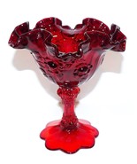 LOVELY FENTON ART GLASS RUBY RED CABBAGE ROSE 6&quot; RUFFLED TOP COMPOTE/CAN... - £38.76 GBP