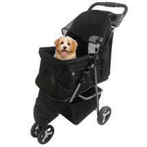 3 Wheels Pet Stroller Foldable Dog Stroller Cart Cat Carrier W/Cup Holder Black - £70.00 GBP