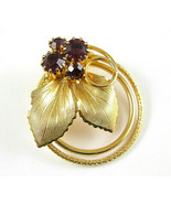 Vintage Flower PIN Dark Purple RHINESTONE CLUSTER Leaves Rings Goldtone ... - £12.50 GBP