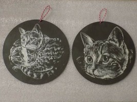 Wall Decor Cat Round Slate Stone Art Pictures Lot Of 2 Cute Kitties 6&quot; - £24.99 GBP