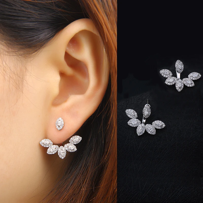 New Fashion Top Quality CZ Leaves Stud Earrings For Women Elegant Ear Jacket Pie - £18.27 GBP