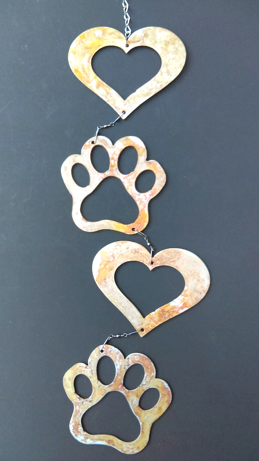 Love Dog Pawprints and Hearts Metal Wind Catcher Spinner Rustic Garden Whirligig - $32.00