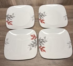 Corelle Corning Kyoto Leaves Red Gray Square White Base Dinner Plates Set Of 4 - £18.14 GBP
