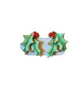 Vintage Enameled Green Holly Leaves Red Bead Berries Christmas Clip On Earrings - £7.81 GBP