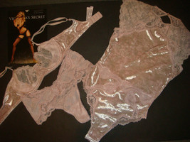 Victoria&#39;s Secret Unlined 34C Bra Set+Thong+Xs Teddy Ice Pink Lce Velvet Velour - £110.52 GBP