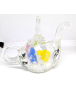 Joe Rice Hand Blown Glass Floral Teapot Ring Holder Vintage Paperweight - $11.88