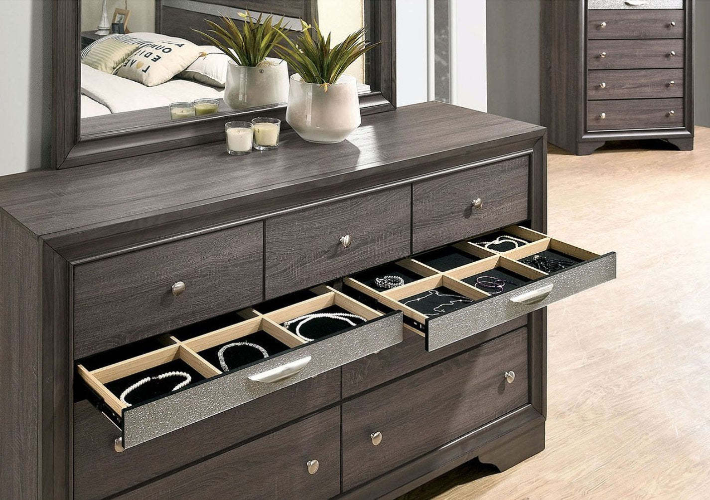 Contemporary Gray Dresser | Hidden Jewelry Drawer | Silver Accents Item image 5