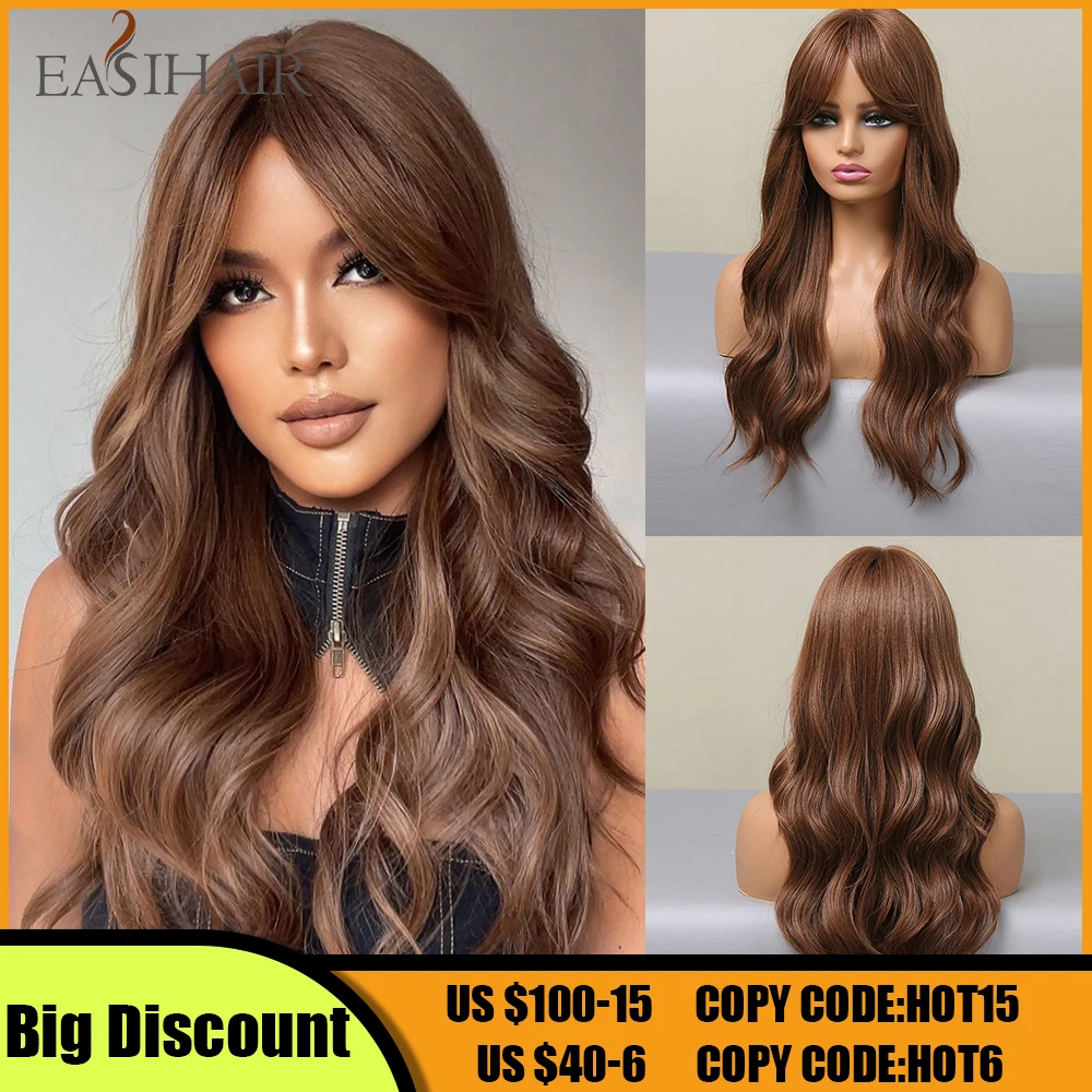 EASIHAIR Long Wavy Chestnut Brown Synthetic Wigs With Long Bangs for Wom - £18.46 GBP+