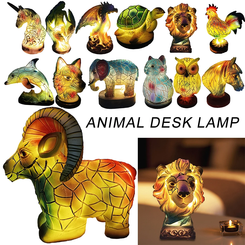 Resin Stained Glass Animal Table Light Night Light Owl Horse Rooster Ele... - $15.25