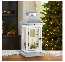 24&quot; Decorative Metal Lantern W/ LED Flickering Candle, White/Silver Christmas - £23.18 GBP