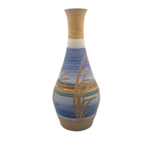 Vintage Stoneware Pottery Vase SIGNED Carved Blue Decorative Piece Beach... - £60.04 GBP