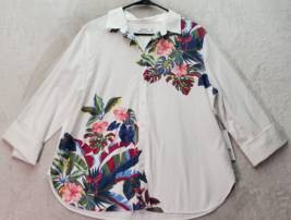 Chico’s Shirt Women Size 14 White Floral Cotton Long Sleeve Collared Button Down - £25.44 GBP