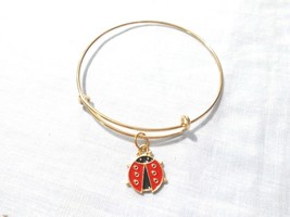 LADYBUG RED BLACK ENAMEL COLOR CHARM ON GOLDTONE ADJUSTABLE BANGLE BRACELET - $5.99