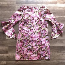 Vintage 60s Mini Shift Dress Pink Satin Floral Flared Long Sleeves Women... - $40.00