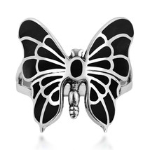 Exotic Graceful Butterfly Black Onyx Inlay Sterling Silver Ring-7 - £18.34 GBP