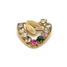 Vintage Signed 12K Gold Filled Carla Art Deco Heart Colorful Rhinestones Brooch - £30.86 GBP