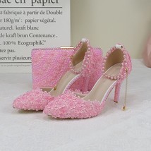 AB Pink  Flower Wedding Shoes With Matching Bags High Heels Pointed Toe Ankle St - £100.19 GBP