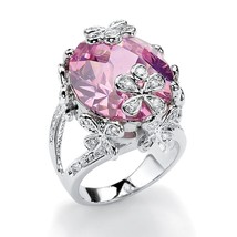 Silvertone Flower And Butterfly 21.42 Tcw Oval Cut Pink Cz Ring Size 6,7,8,9,10 - £80.41 GBP