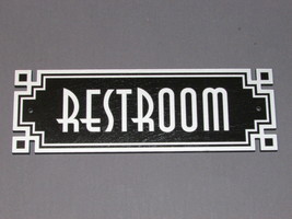 Restroom Door Sign Wood Art Deco Style Silver &amp; Black Bathroom Signs - £16.08 GBP