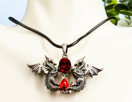 Ebros Red Saphire Dual Dragon Guardians Pendant Jewelry Necklace Lead Free - £13.46 GBP