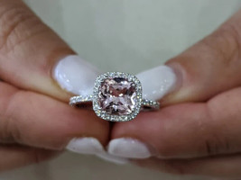 3Ct Cushion Cut Lab Created Morganite Halo Engagement Ring 14K white Gold Plated - £79.35 GBP