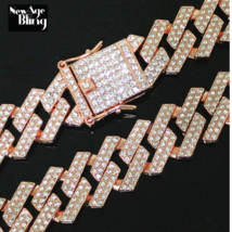 20mm Square Miami Cuban Link Cubic Zirconia 14k Rose Gold Plated HipHop Necklace - £9.00 GBP+