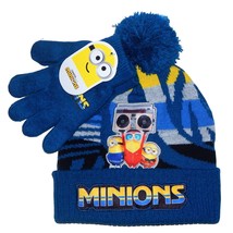 Minions Rise Of Gru Knit Winter Hat &amp; Gloves Set Cuffed Beanie w/Pom-Pom Nwt - £12.93 GBP