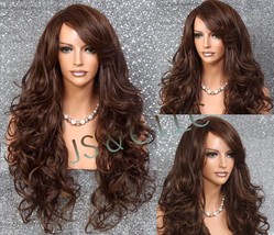 Brown Auburn mixed Human hair BlendLong Full Wig Heat Resistant 28&quot; with curls a - $89.95