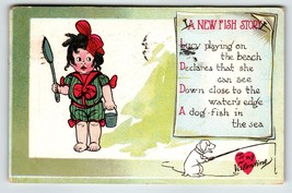 Valentines Day Postcard Fish Story Dogfish Girl Puppy Fishing Pole 1912 Tuck 13 - £10.25 GBP