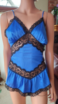 Vtg 1970&#39;s Sexy Silky Blue Nylon Black Lace Teddy Romper Size SM 10/12 P... - £19.77 GBP