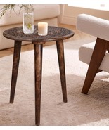 Wooden End Side Round Coffee Table W/ 3 Legs Pillar Carving Rustic Vintage - $1,092.93 MXN