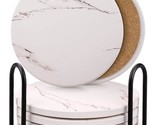 Absorbent Ceramic Stone Coasters Set With Metal Holder Stand, Cork Base,... - $29.99