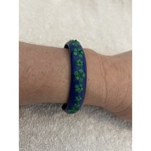 Vintage Navy Blue Cuff Bracelet Green Flower Floral Vine Design Pleather... - $8.86