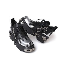 Punk Style Woman Gothic Flame Carved Vintage Rock Shoes New Dark  Leather Shoes  - £109.94 GBP