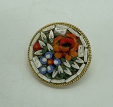 Vintage Micro Mosaic Gray Multi Color Flowers Gold Tone Brooch Pin Itay - £14.89 GBP