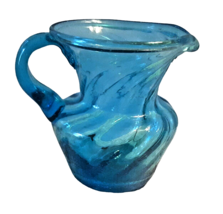 Vintage Hand Blown Art Glass Blue Swirl Creamer Mini Pitcher Vase 3” Mexico - £16.89 GBP
