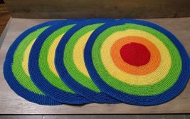 Rainbow Colored Hand Knitted Round Placemats Set 4 14.5&#39;&#39; Kitchen Dining... - £20.54 GBP